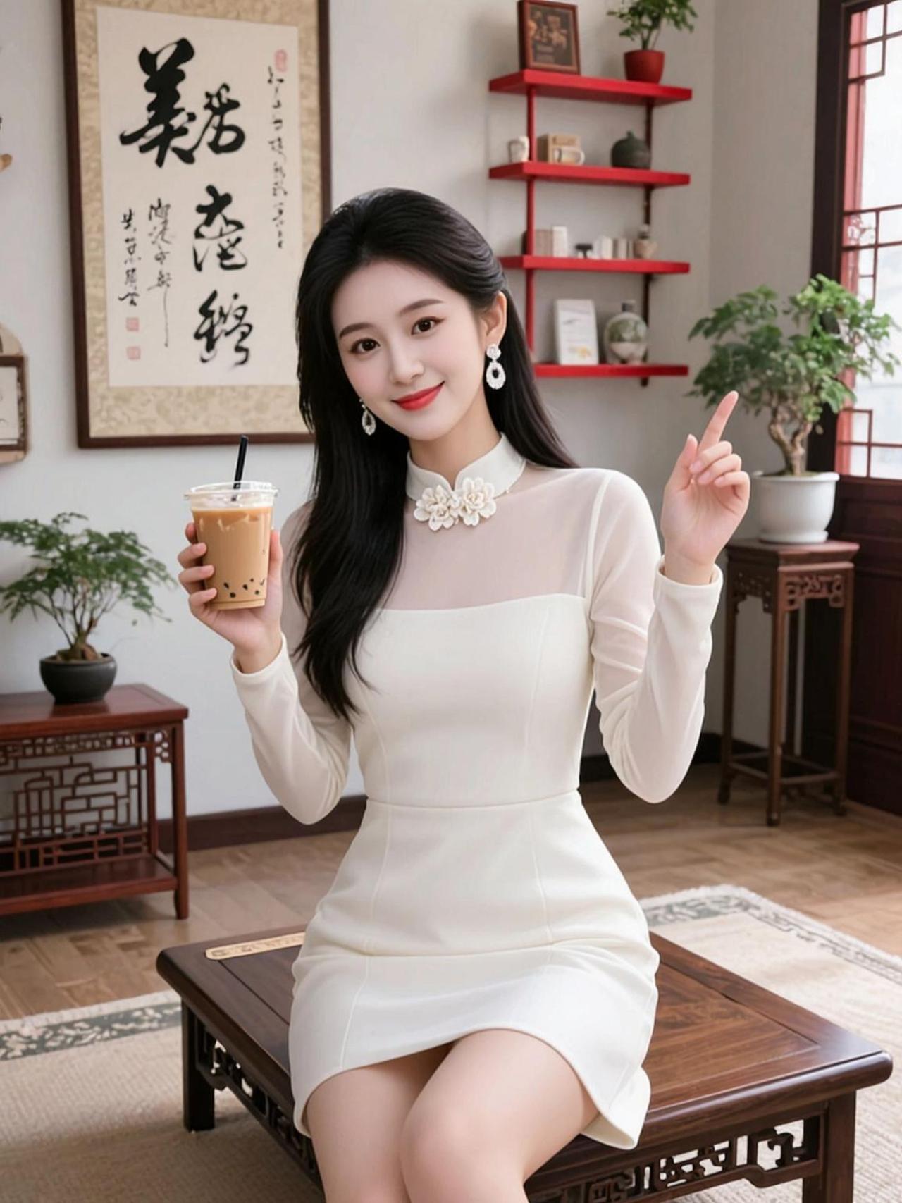 ＃美女
🌸旗袍领与透明纱的碰撞，是东方雅致的现代表达☕️书法卷轴与木几茶盏，构