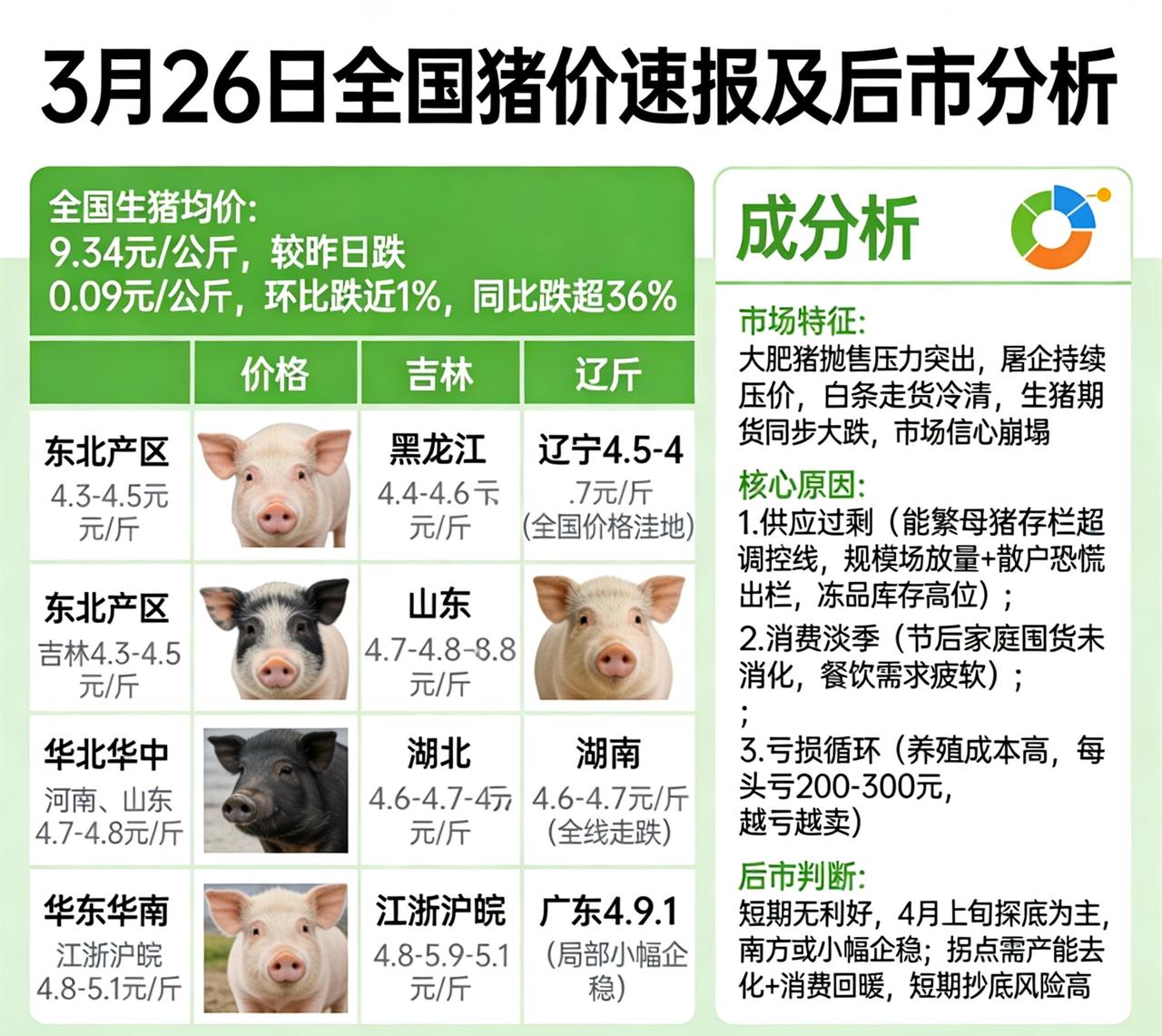 猪价一夜跌更猛了！猪价猛烈下跌根本停不下来！3月26日最新猪价。
跌势再加速，全