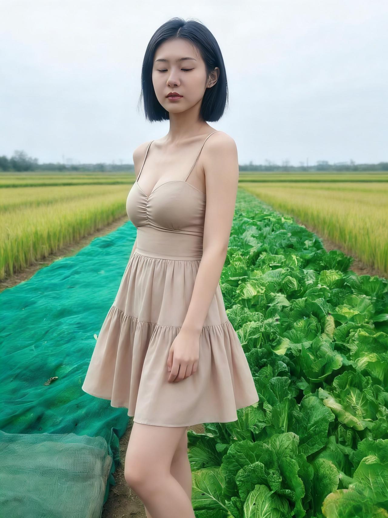 稻浪千重接远空，垂眸不语立芳丛。
云鬓半惹沾衣露，疑是瑶台落彩虹。