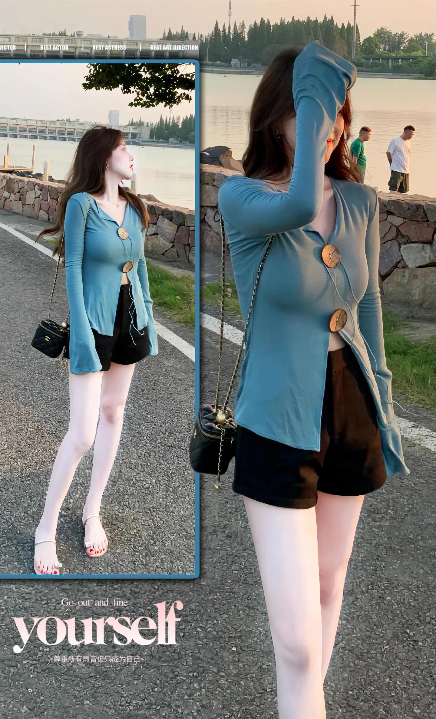 好秋天的蓝色~显白绝了~大木扣设计针织开衫好特别~韩系慵懒~搭配韩版显...