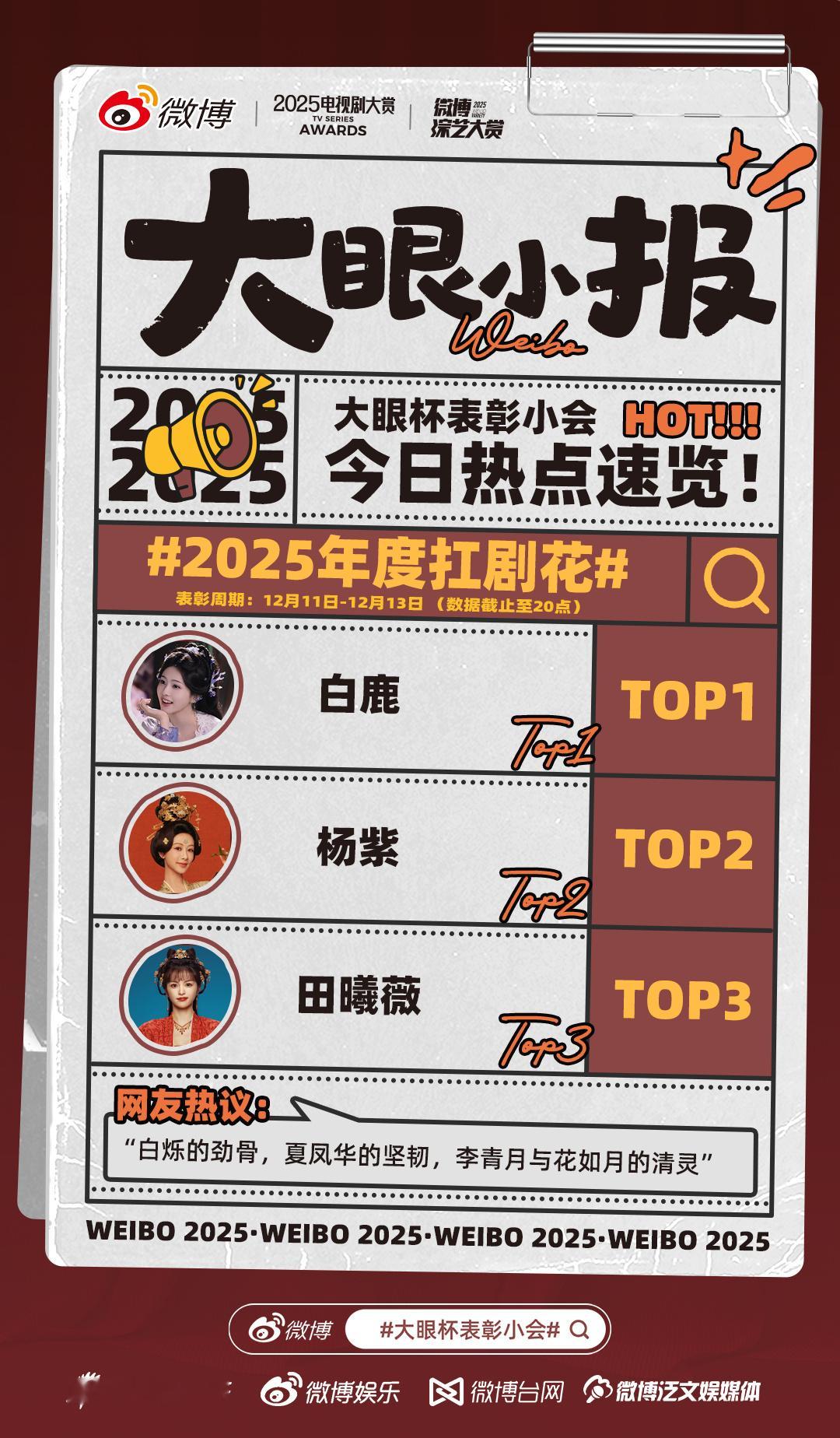 新浪认证的2025三大扛剧花：白鹿、杨紫、田曦薇 