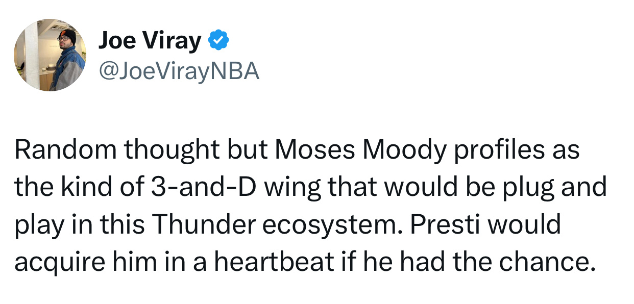 哦，最适合雷霆的球员勇士比赛分析师joe viray：突然想到，摩西穆迪这种3D
