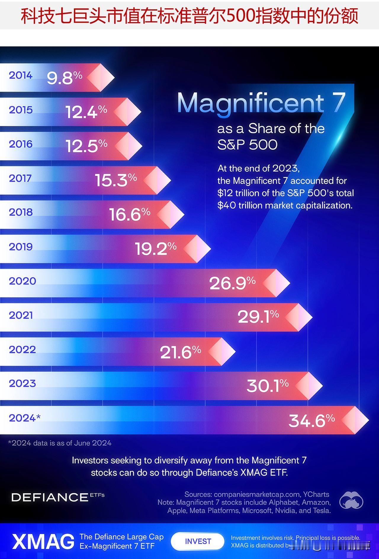 2014-2024年科技七巨头市值在标准普尔500指数中的份额

在2024年年