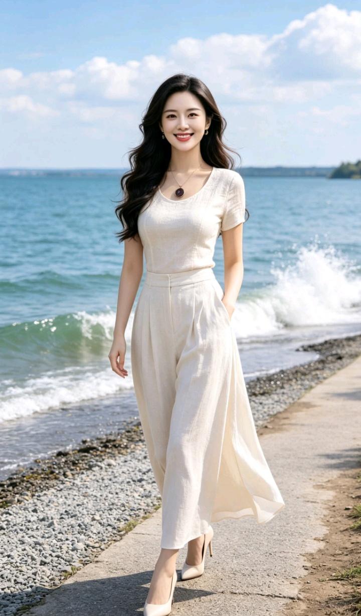 这位美女在海边的风景里散步。人品的好坏和学历有关系吗 海边漫步照 海边长裙照