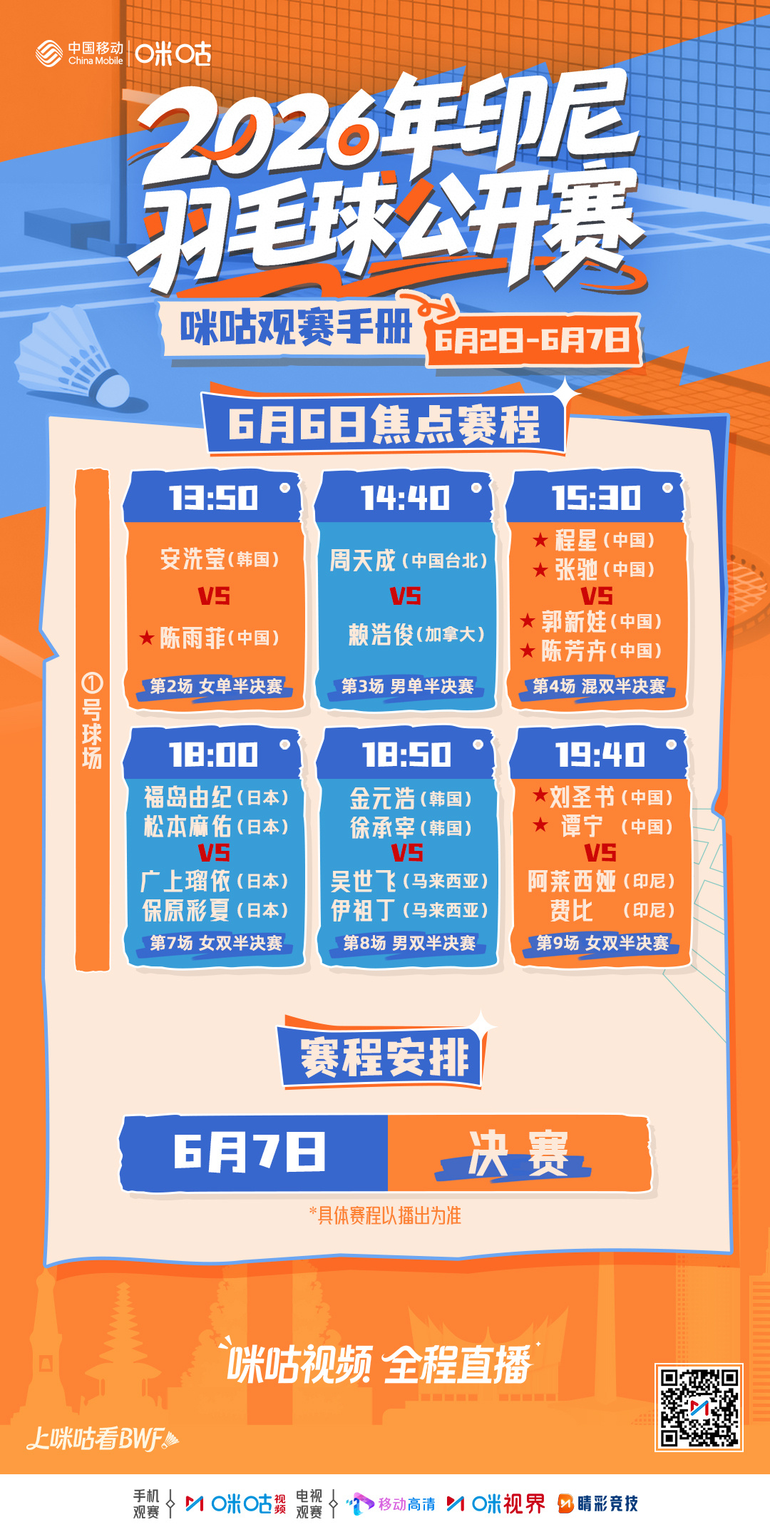 2026年印尼羽毛球公开赛‼️半决赛焦点赛程💥13:50陈雨菲🆚安洗莹🇨?
