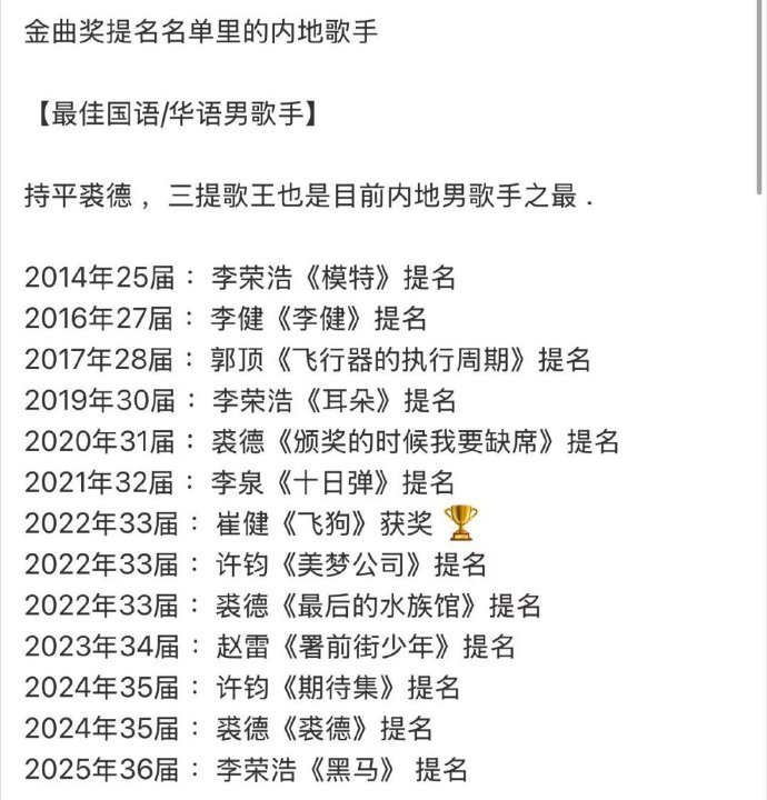 李荣浩三提金曲奖歌王 李荣浩这波三提金曲奖歌王，直接把期待值拉满，每次提名都是对