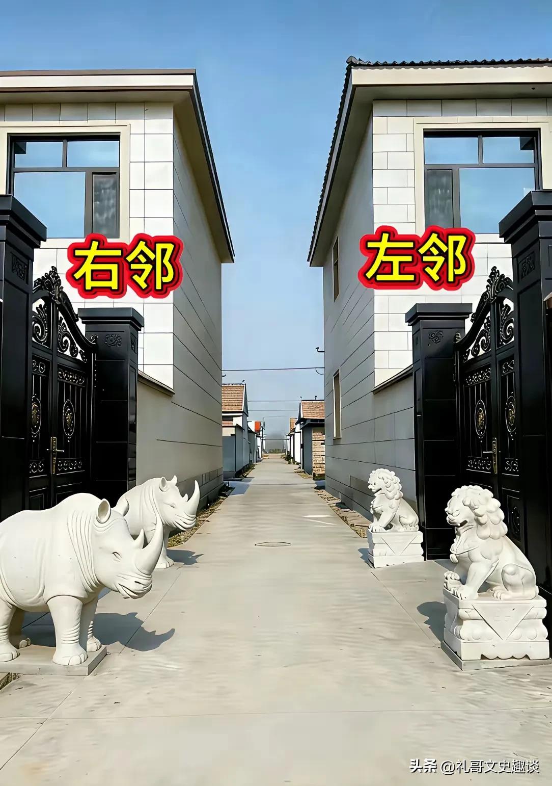 这两家邻居算是杠上了。右边的邻居盖了新房子，买了一对石狮子，放在门口，看着非常气
