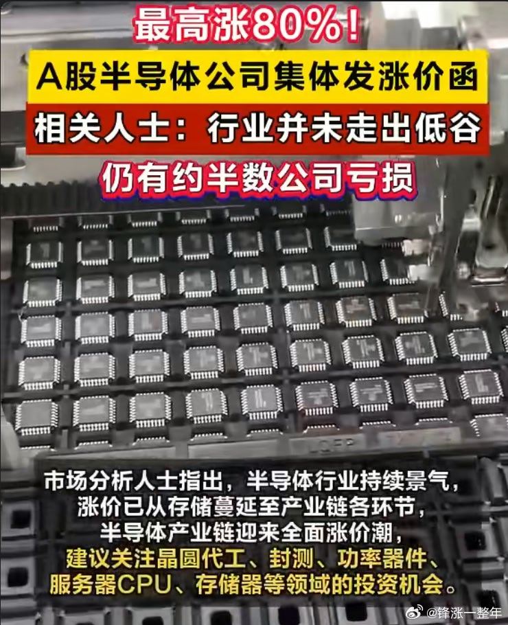 A股半导体公司集体发涨价函 最近半导体行业迎来新一轮的涨价潮，最高涨价80%！霸