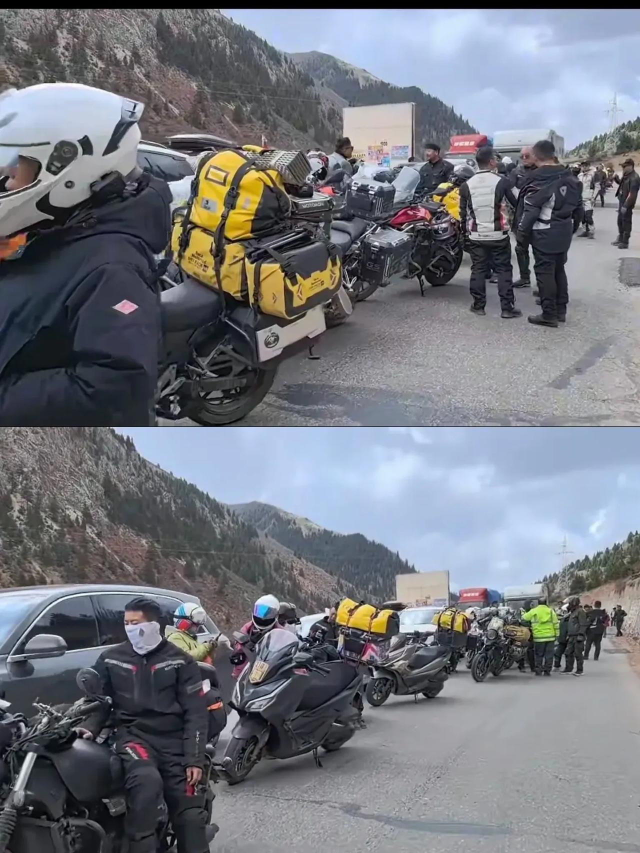 这些人简直太疯狂了！数公里的道路上全是奔赴西藏的摩旅爱好者。受张雪机车的带动，一