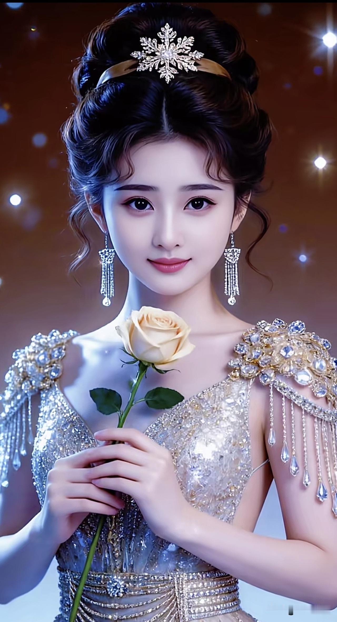 梦幻古风少女，手持玫瑰，优雅动人玫瑰红裙少女 红衣花裙少女 国风唯美少女 红衣花