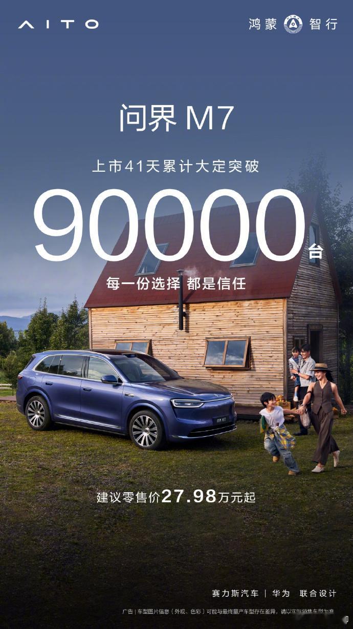 问界M7大定破9万台 问界M7上市41天累计大定破9万台。这成绩，估计理想汽车看