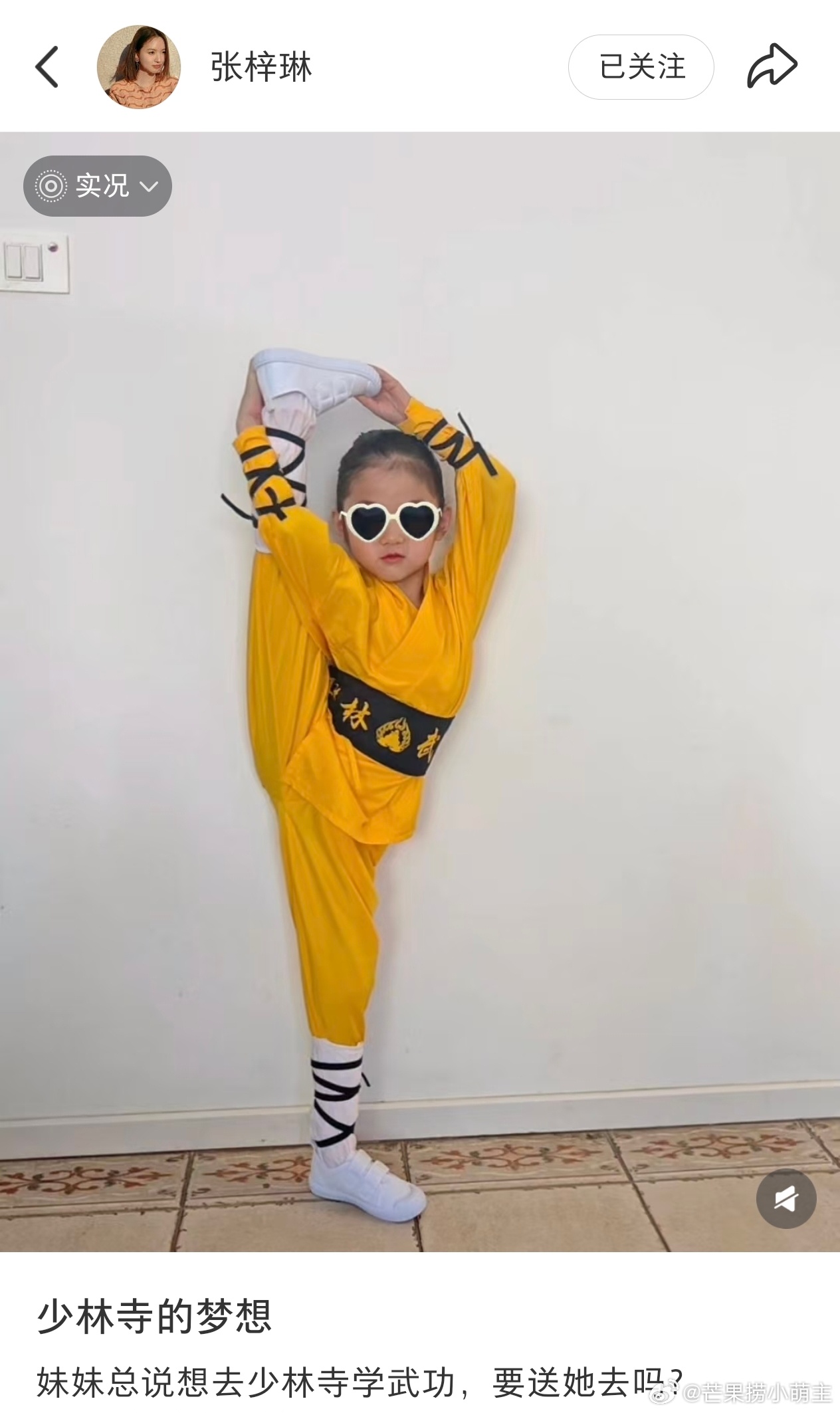 张梓琳小女儿想去少林寺学武功张梓琳4岁小女儿展示朝天蹬 张梓琳小女儿想去少林寺学