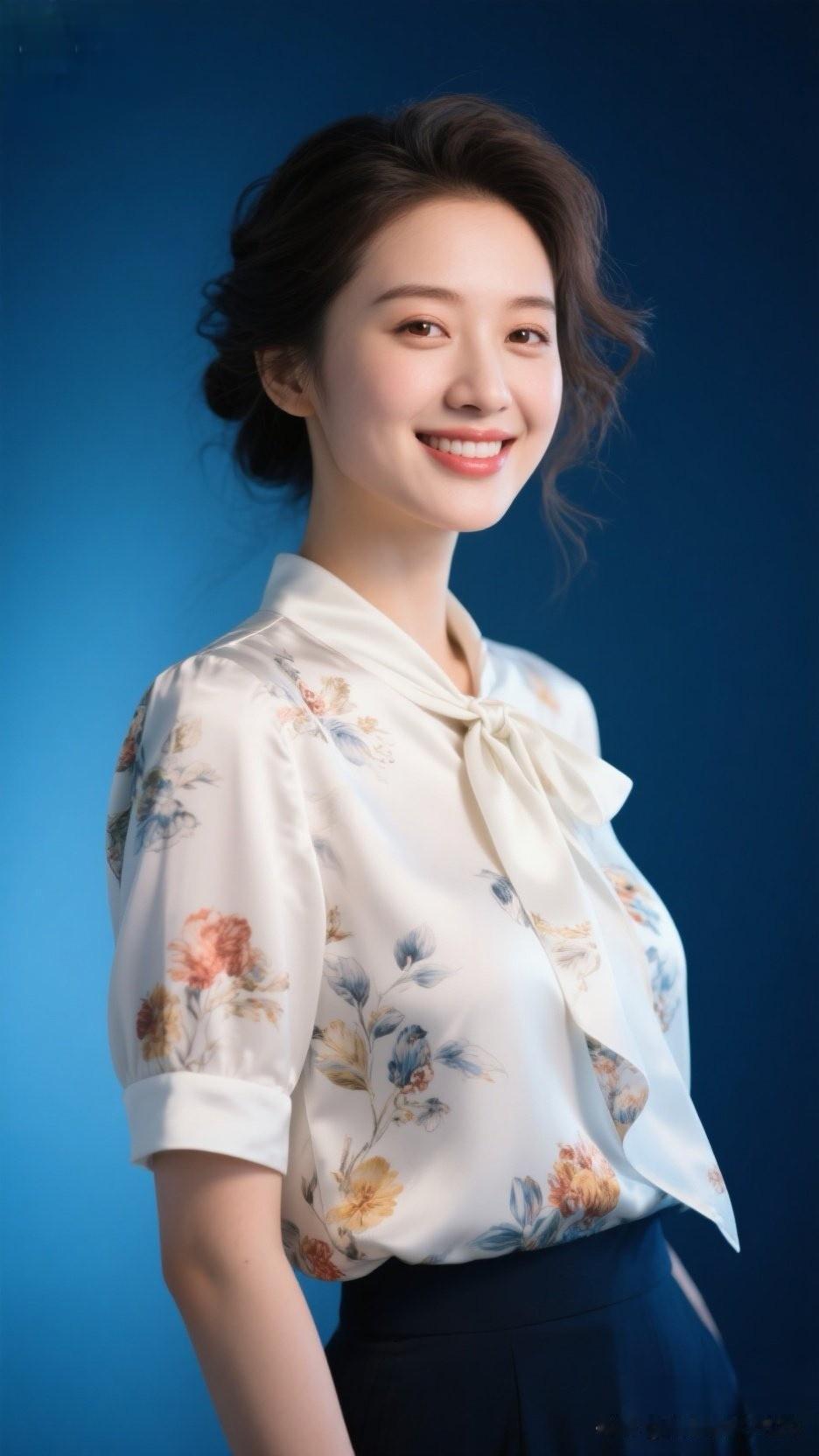温柔微笑配上花衬衫，再置于蓝背景中，这画面简直清新自然到爆！就像美女穿的花衬衫配
