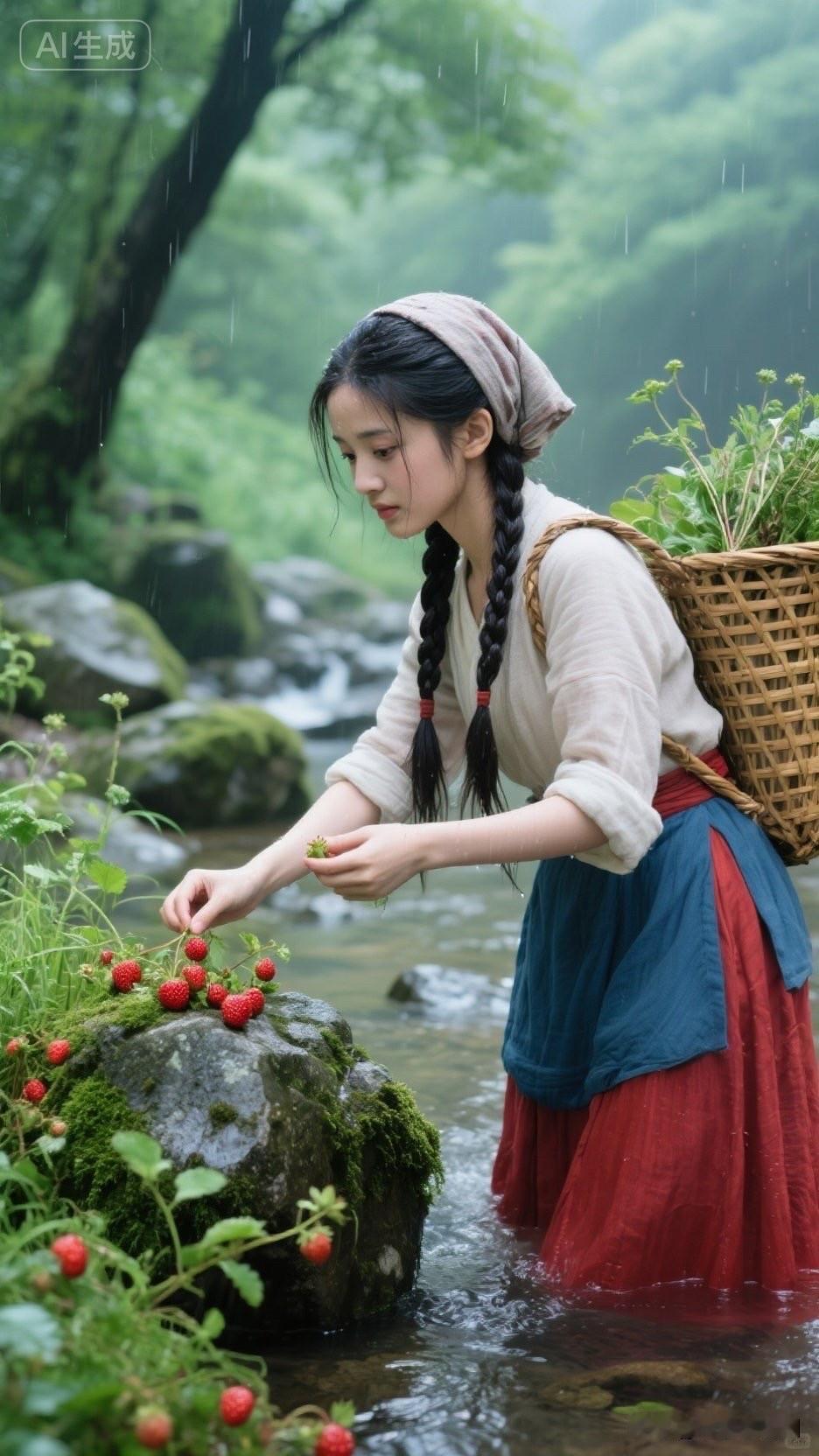雨中采摘，少女与自然的亲密接触