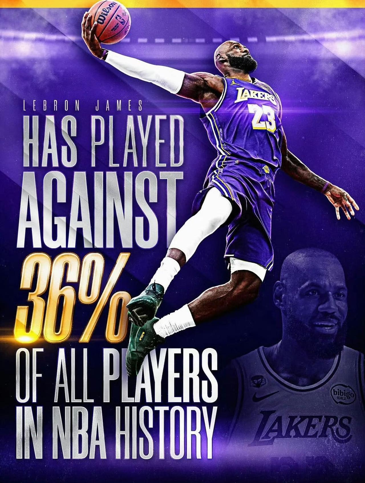 詹姆斯已经与NBA历史上36%的球员交过手。

NBA官方晒图：詹姆斯已经与联盟
