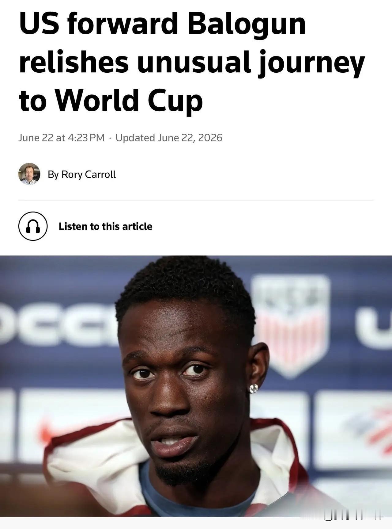 🏆🇺🇸 Folarin Balogun 是美国队主力中锋，26次出场9球，