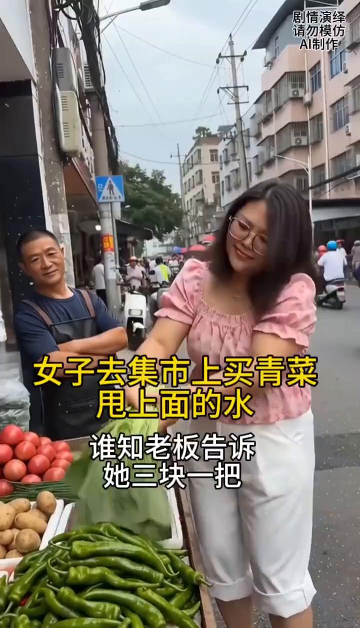 女子来到集市来买菜，谁知她抓着青菜甩上面的水，随后她交给老板称一下，殊不知老板告