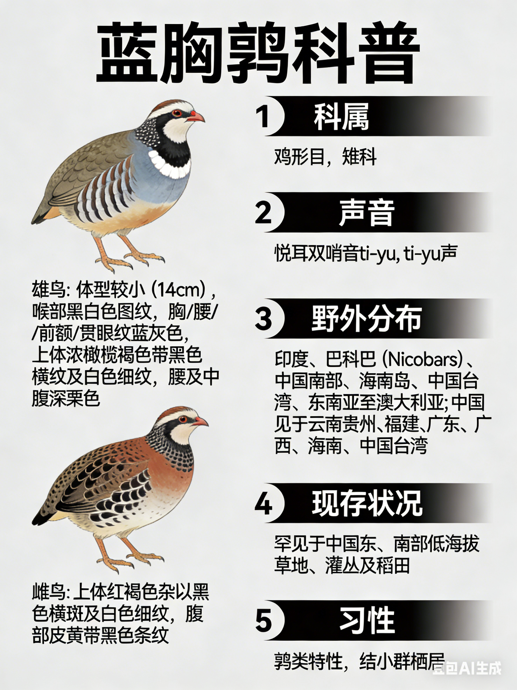 鸟类朋友图鉴 蓝胸鹑·科属：鸡形目，雉科。·外形特征：雄鸟体型较小（14cm），