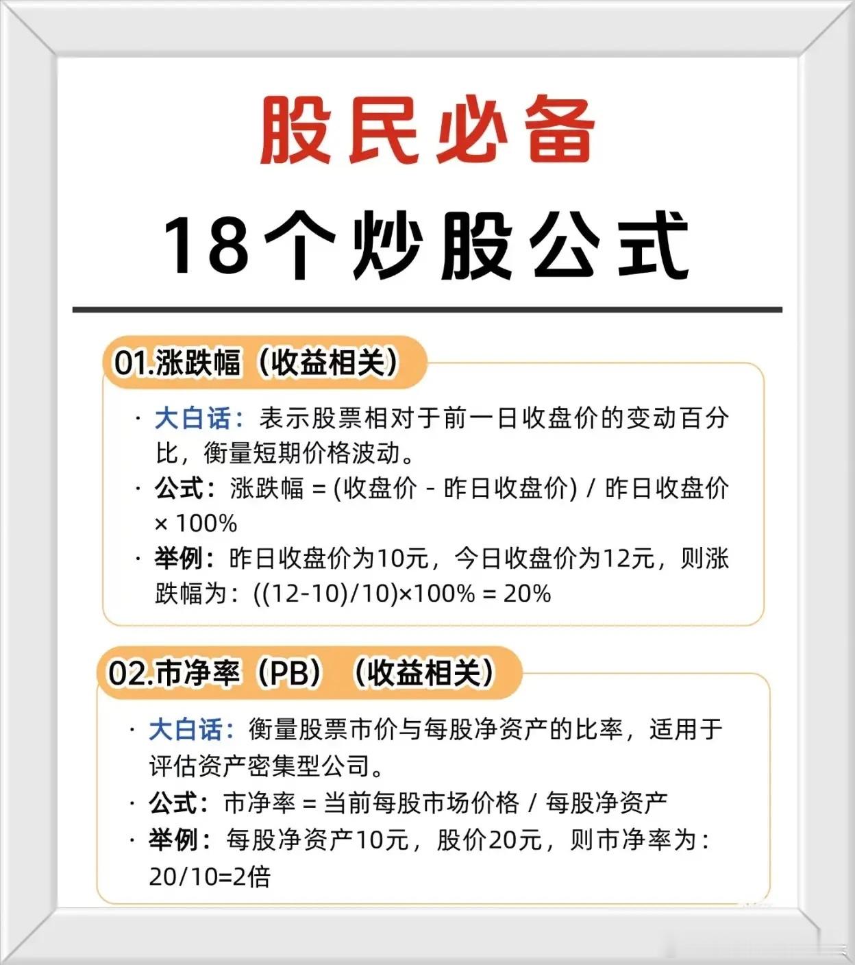 18个核心炒股公式及指标：一、收益相关（衡量股票回报与估值）1. 涨跌幅：衡量股