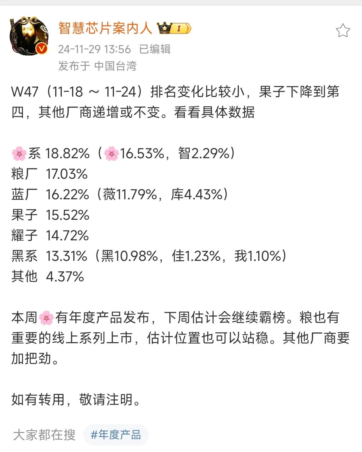 只要苹果不在国内拿下智能手机份额第一，谁第一都无所谓。

从目前的形势来看，华为