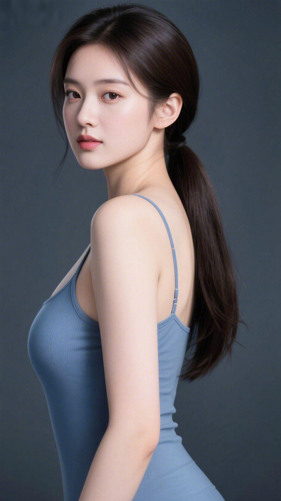 《青衫裹着静辰光》
 
浅灰背景漫着轻缓的气息，她立在其间，青蓝衣装如漾开的云色