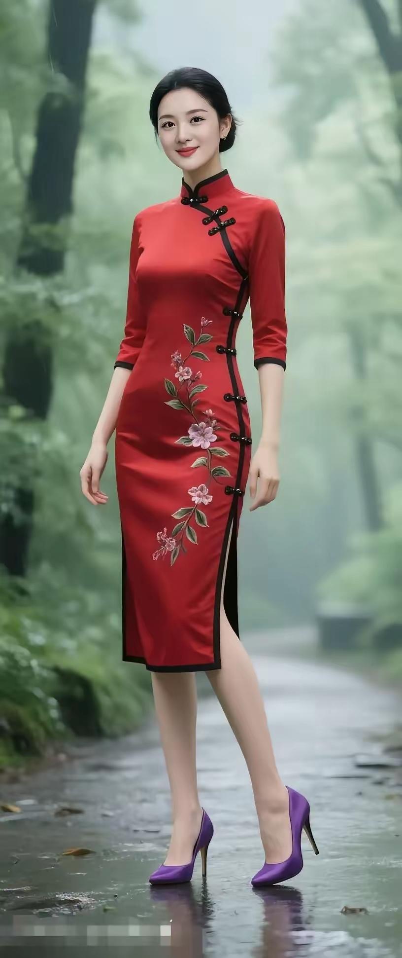 雨中红裙佳人
细雨如丝落画笺，
红裙美女步蹁跹。
闲情逸致雨中舞，
尽显东方韵万