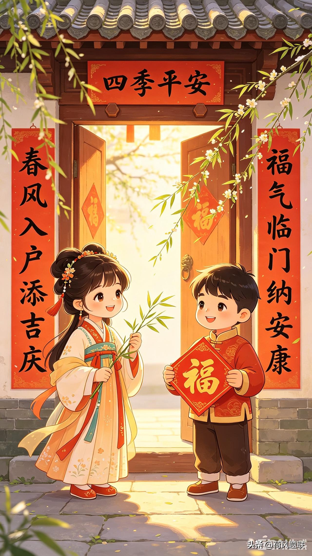 愿日子红红火火，愿生活顺顺利利，好运常在，喜乐常伴！
 
对联
 
上联：春风入