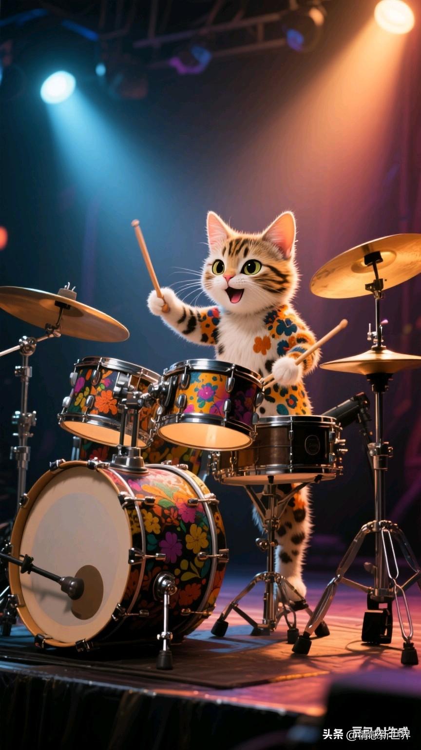 萌宠鼓手，舞台上的小明星！🎸🐱萌宠鼓乐队 鼓手喵喵