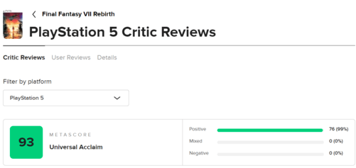 《最终幻想7：重生》媒体好评如潮 76家媒体给出100%好评