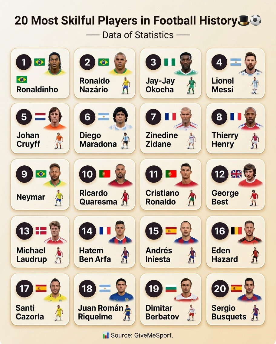 足球史上 20 位技术最精湛的球员资料来源：GiveMeSport 