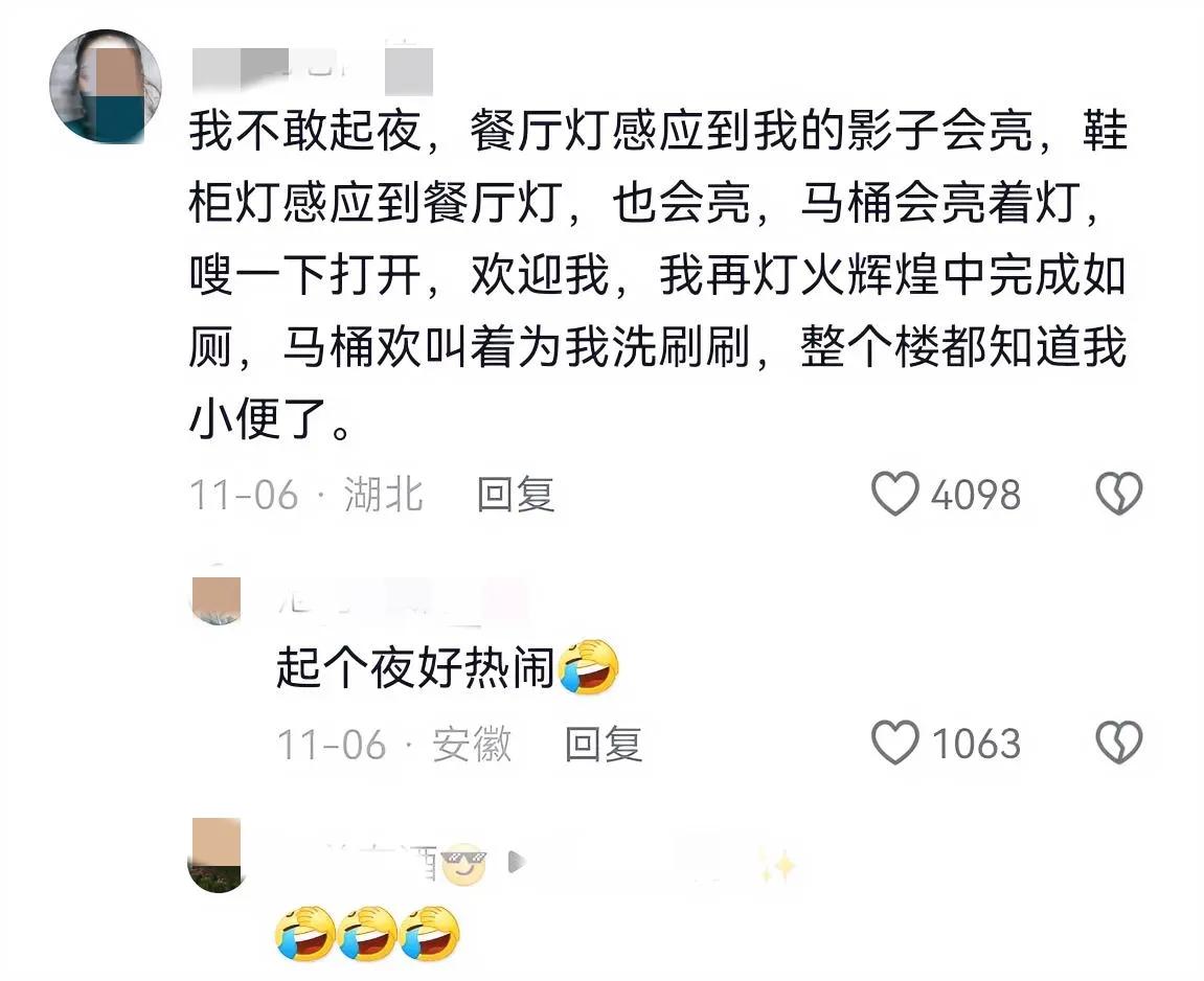 家里的智能家居多了也不好啊，起个夜都这么热闹，灯火辉煌，仪式感满满。整个楼都知道