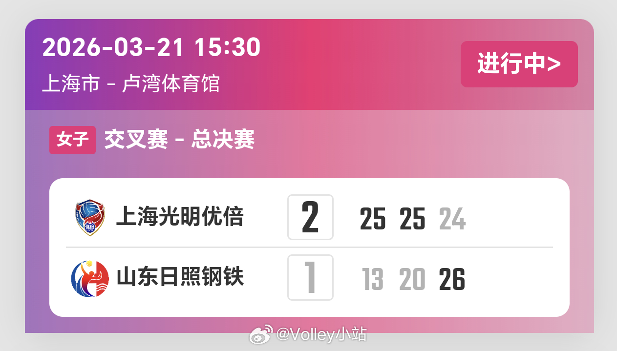 山东女排26-24扳回一局，目前上海女排2-1暂时领先排超联赛2025-2026