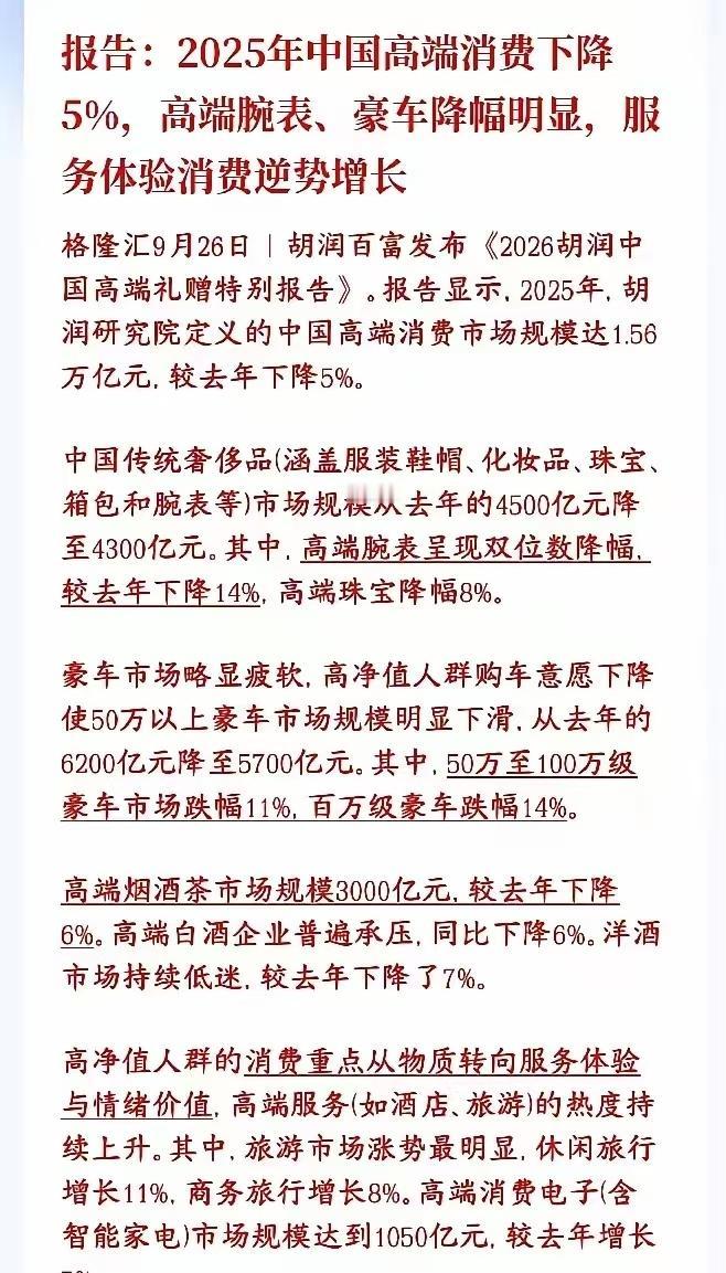 今天看到一份报告，让我感到很震撼。说去年我们的高端消费下降了5%，主要体现在高端