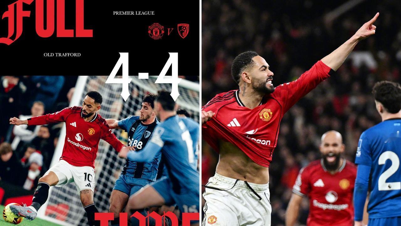 英超：曼联主场4-4战平伯恩茅斯，以26分第六位。
B费任意球+传射，克鲁皮84