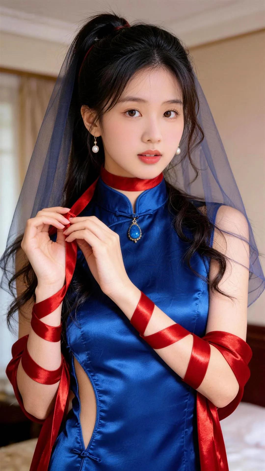 优雅蓝裙搭配红丝带，复古风十足！