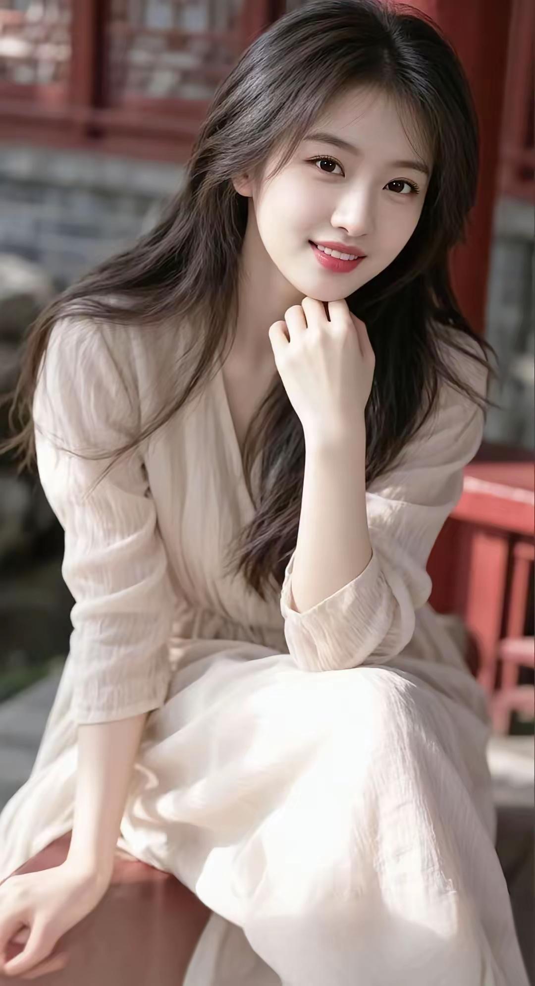 这姑娘坐在红墙边，笑得真甜。