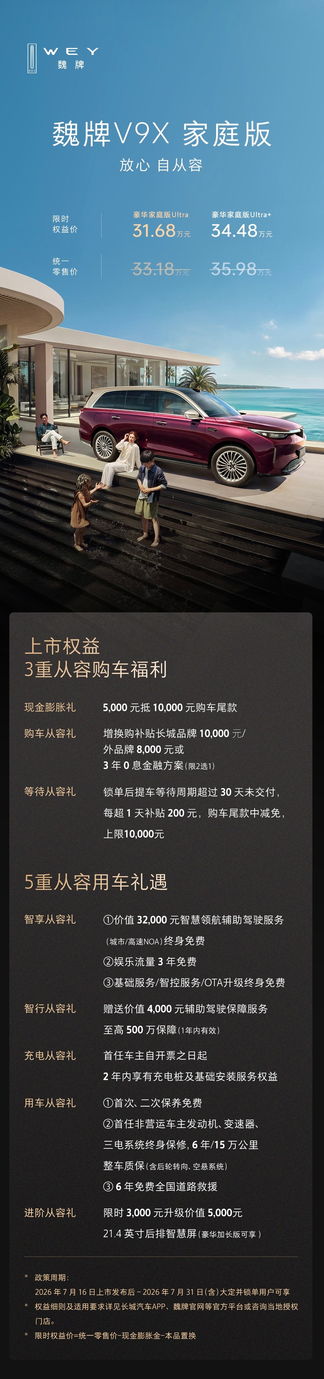 魏牌V9X家庭版正式上市，限时权益价31.68万元起 