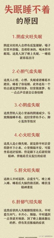 失眠睡不着的6种原因：
1.阴虚火旺失眠
2.心胆气虚失眠
3.心阴虚失眠
4.