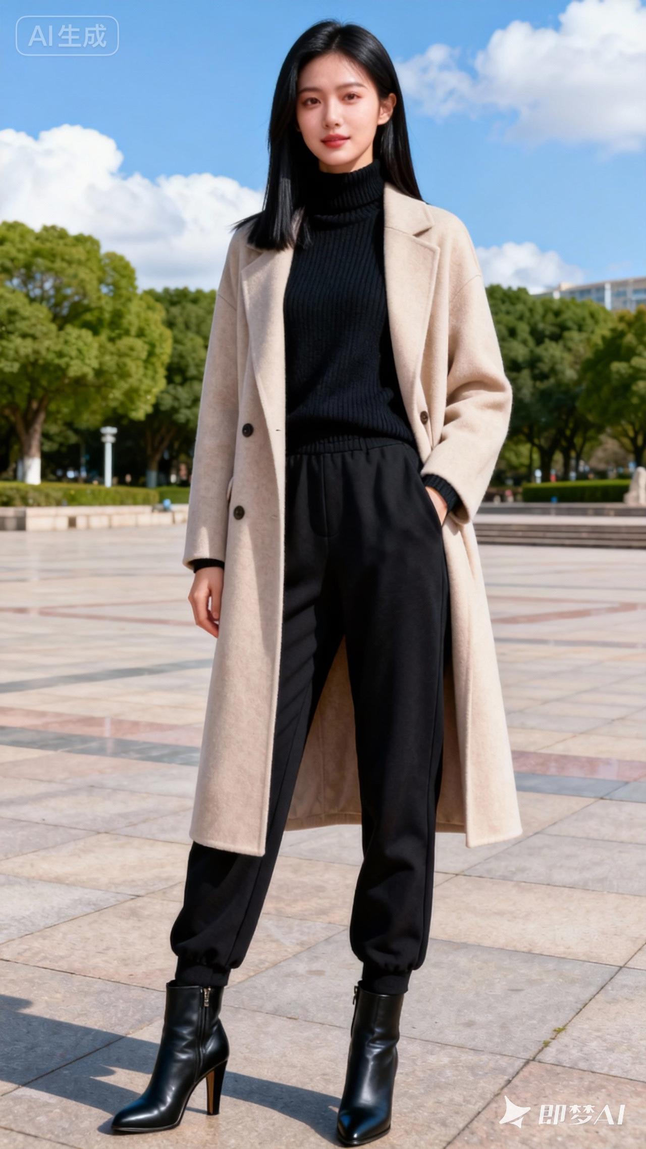 冬日穿搭指南：黑色高领毛衣+米色大衣+黑色长裤+黑色靴子，简约时尚，温暖有型！