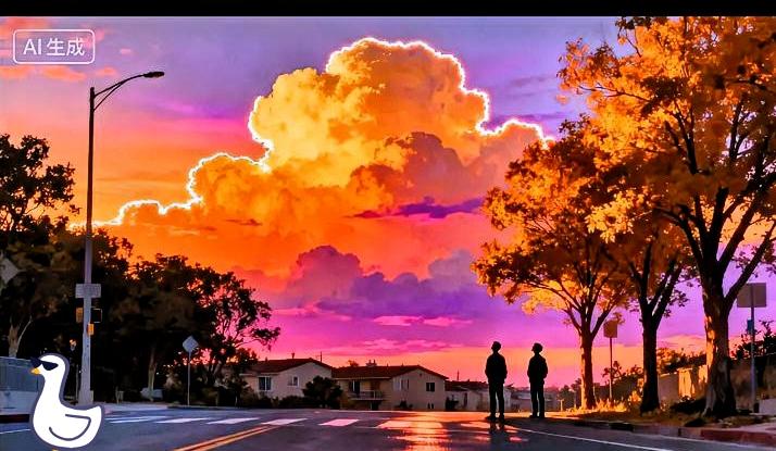 傍晚城市路口视角，天空铺满橘子汽水般的金红渐变，边缘晕染着粉紫色柔光，蓬松的云朵