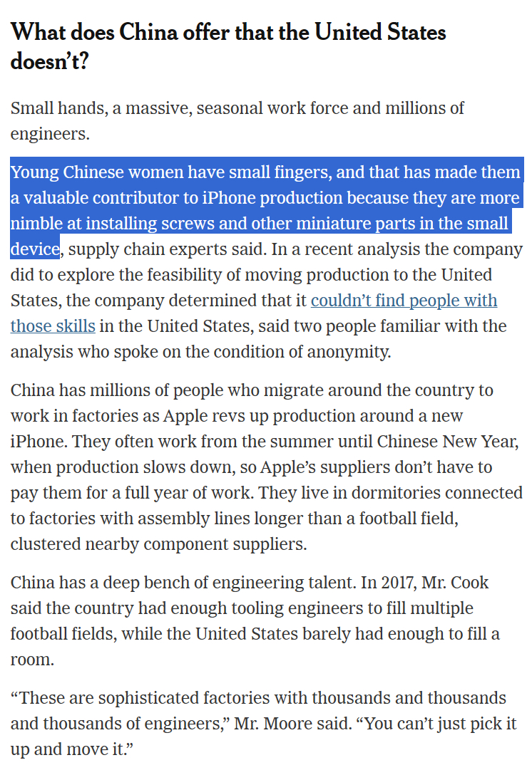 纽约时报也真是挺逗的，说美国跟中国比为啥没法在本国制造iPhone，因为中国生产