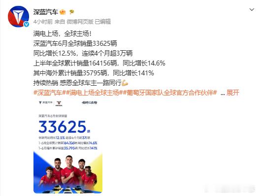 汽车资讯 【深蓝汽车6月全球销量33625辆 】7月1日，深蓝汽车发布最新销量数