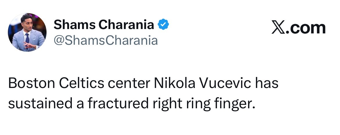 Shams：武切维奇右手无名指骨折。 