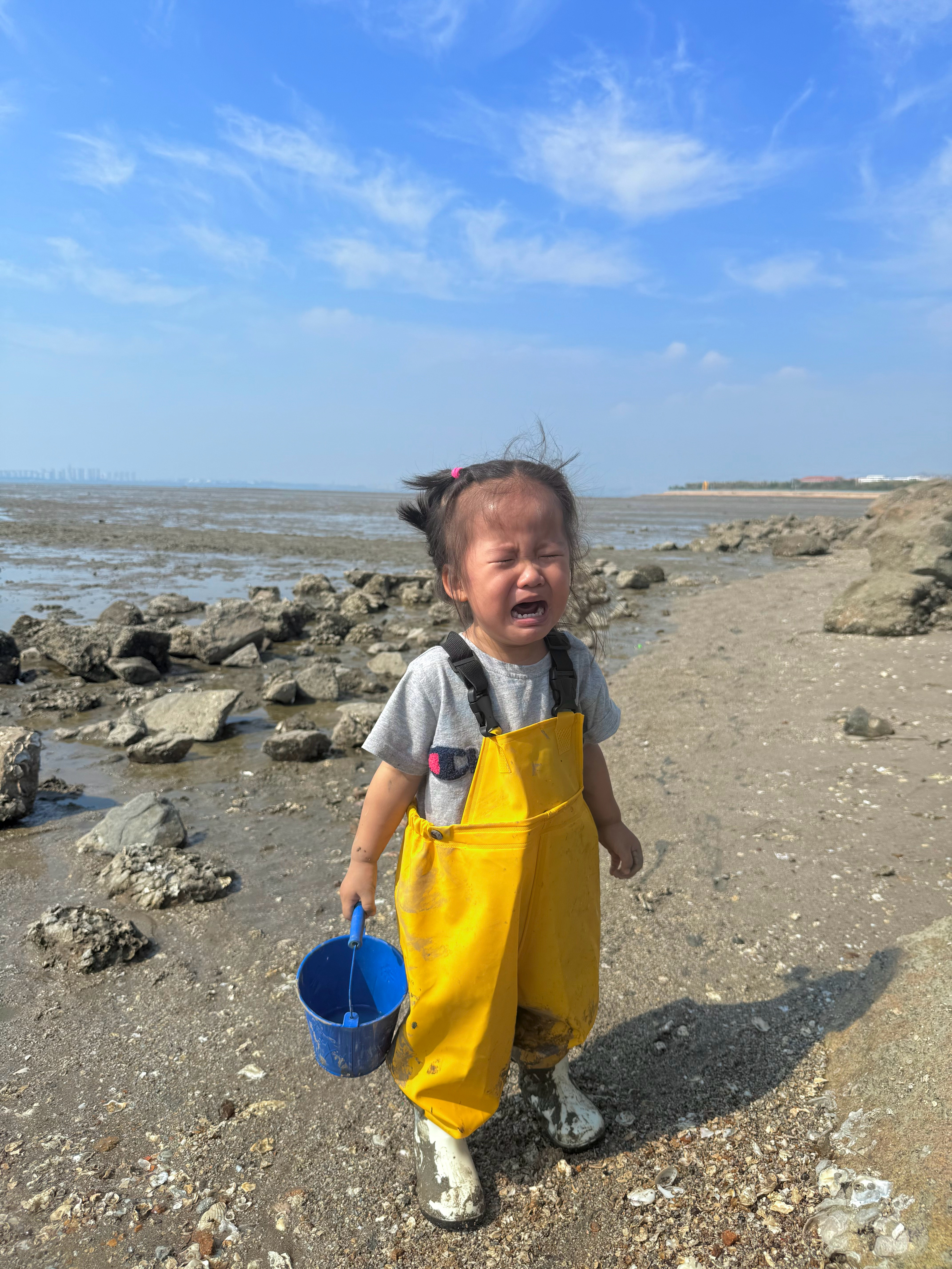 今天去赶海，我们抓了一桶小螃蟹，走之前树跟我们答应好一起放生，结果放走了，树大哭