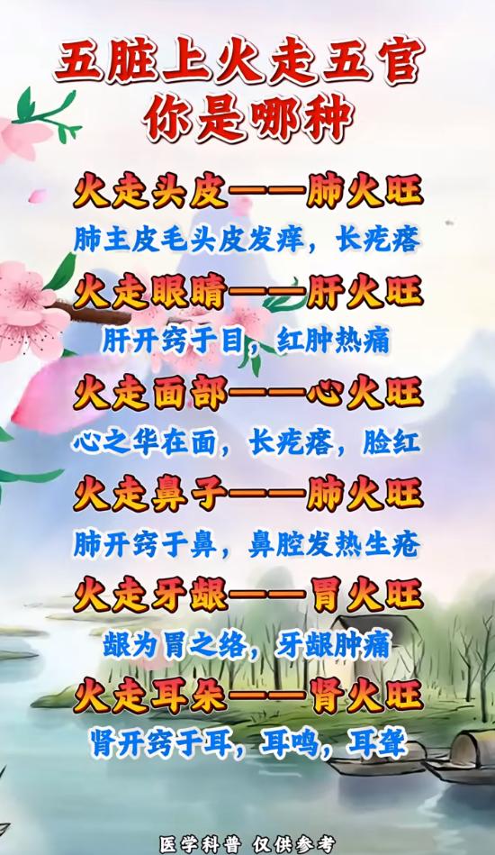 五脏之火循经上达五官，眼耳口鼻不适对应肝肺心肾胃火区分