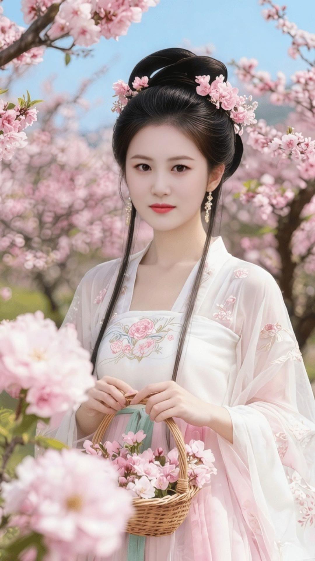 樱花树下，古风美人手捧花篮，唯美如画。