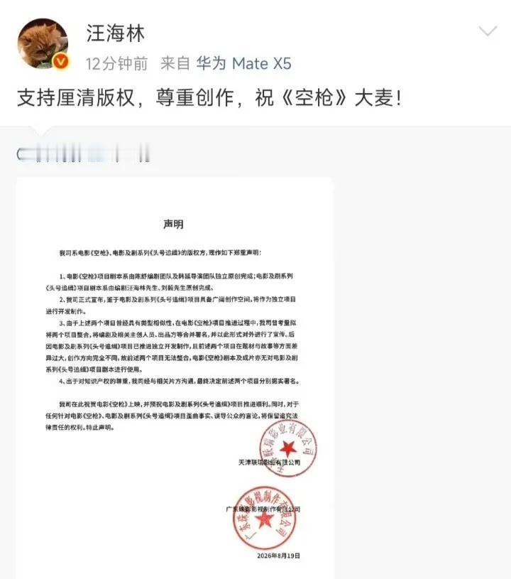 笑死我了，电影《空枪》害怕重蹈《抓特务》的覆辙，赶紧和汪海林紧急切割了，已经声明
