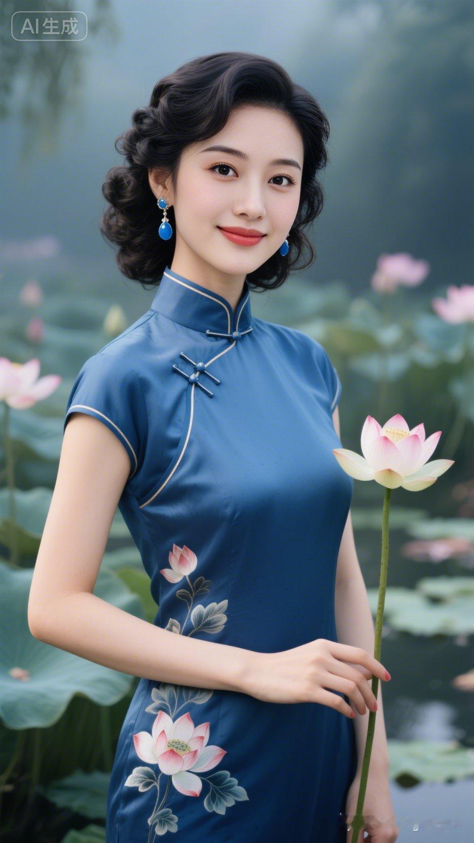 优雅蓝裙少女，莲花池畔的古典之美！