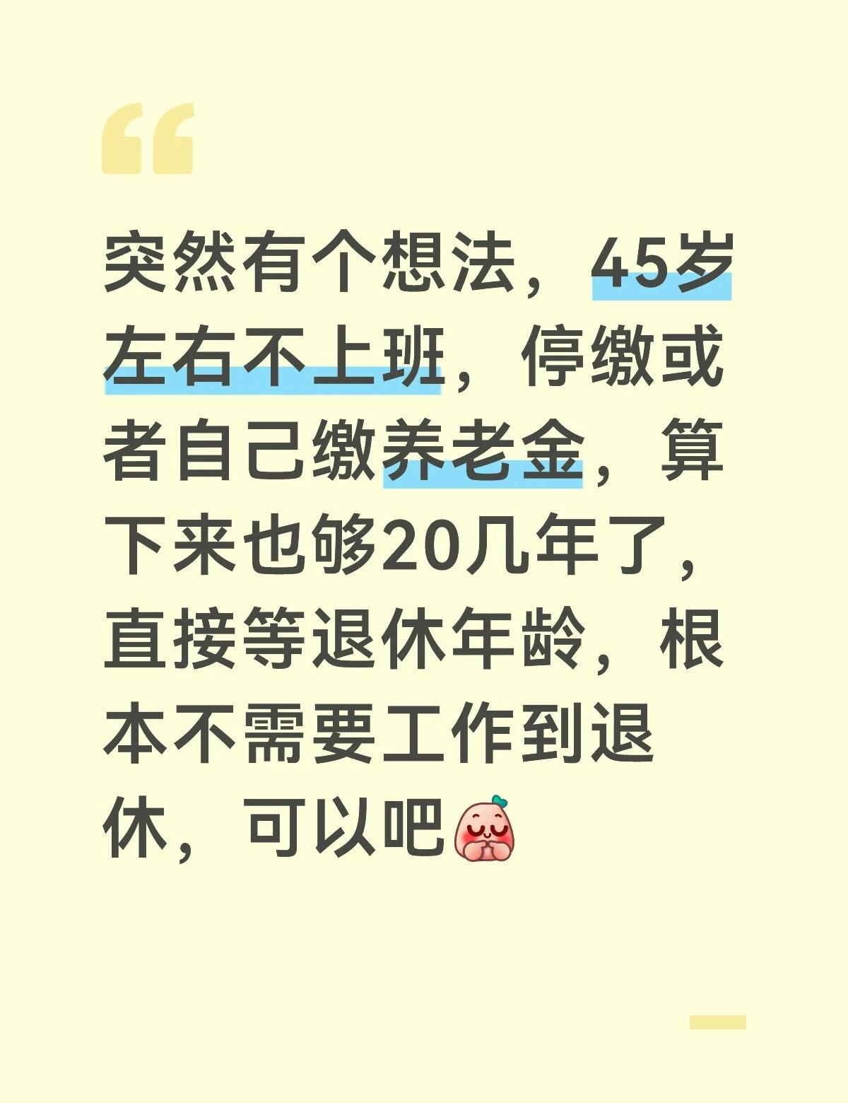 突然有个想法，45岁左右不上班，停缴或者自己缴养老金，算下来也够20几年了，直接