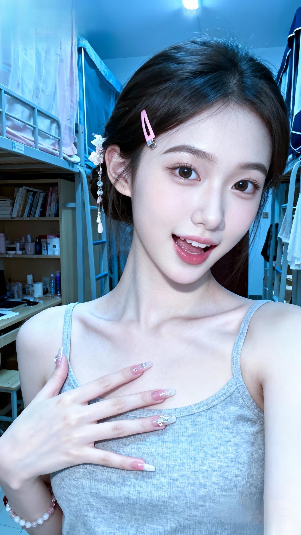 少女心爆棚的自拍，粉色发夹和耳环点缀，甜美可爱！💖🌸💕